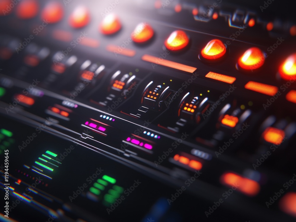 A close-up of a modern audio mixer featuring colorful knobs and backlit controls, illustrating advanced sound engineering technology. A close-up of a modern audio mixer featuring colorful knobs and backlit controls, illustrating advanced sound engineering technology.
