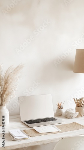 Minimalist White Desk Workspace With Laptop And Pampas Grass