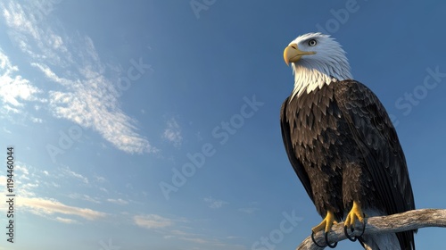 Majestic bald eagle perched on branch against clear blue sky