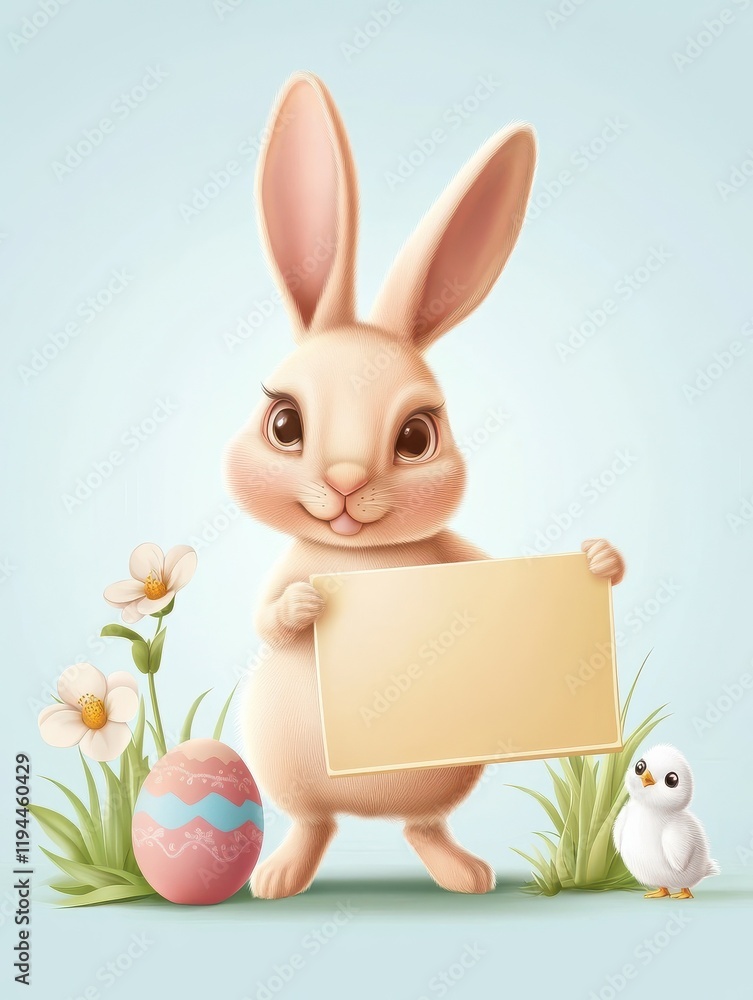 Obraz premium Easter bunny. Modern egg, bunnies for kids standing with placard. Rabbit or hare, spring festive animal with flower and chick. Cartoon holiday decent vector character