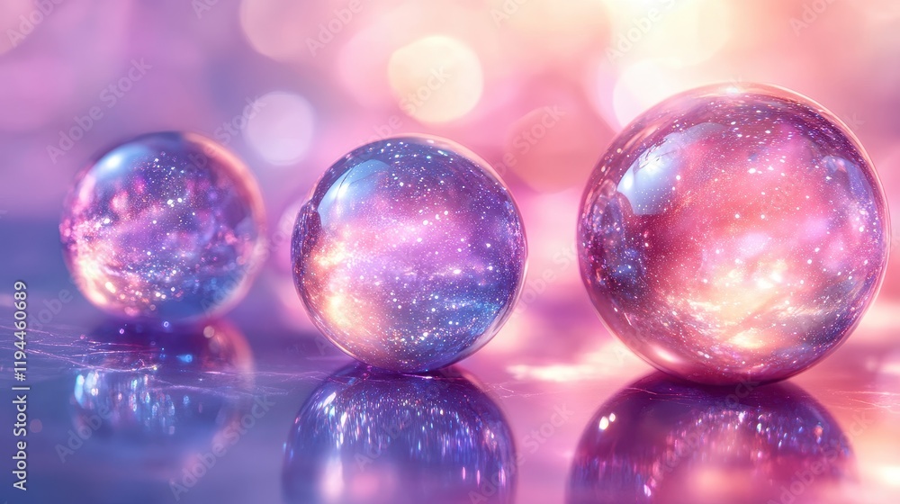 Colorful galaxy-themed spheres with cosmic reflections on a smooth surface Colorful galaxy-themed spheres with cosmic reflections on a smooth surface