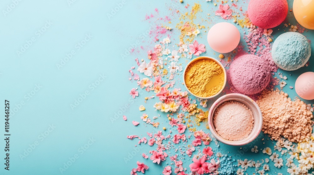 Colorful Bath Bombs and Powders on Blue Background for Relaxation and Self-Care Colorful Bath Bombs and Powders on Blue Background for Relaxation and Self-Care