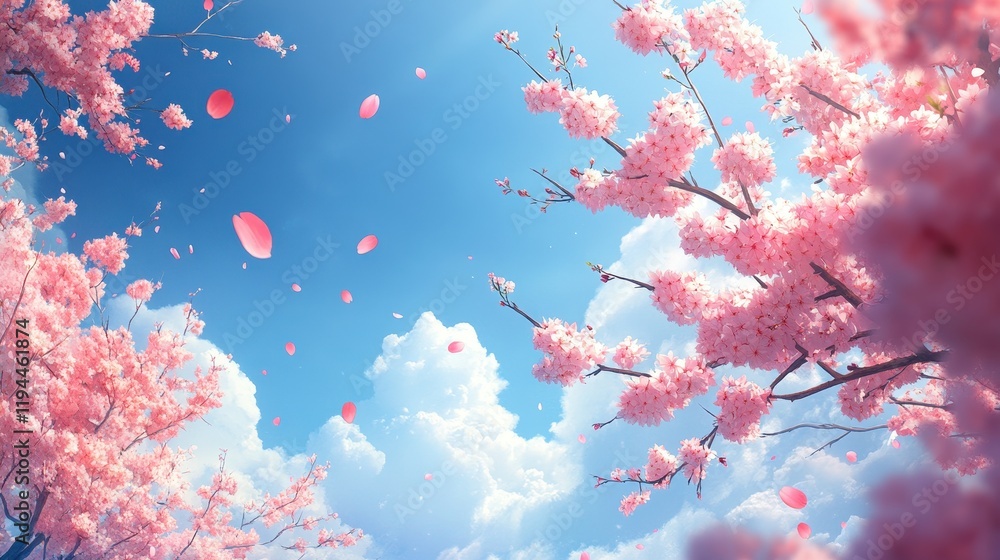 Spring cherry blossom trees under blue sky with falling petals Spring cherry blossom trees under blue sky with falling petals
