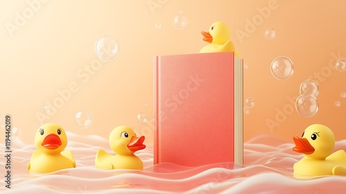 Mockup children book with rubber ducks bathing on water and bubbles, plain color no text hardcover 