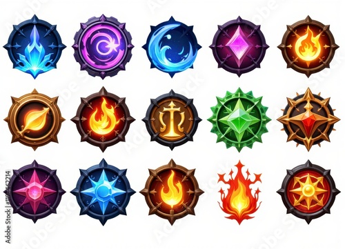 Fantasy Game UI Icons Elemental Magical Emblems Badges and Symbols