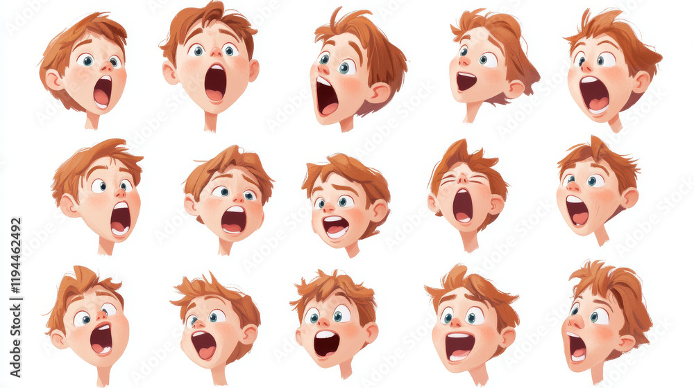 Kid mouth animation sprite sheet. Girl face expression and lips poses in pronunciation different english phoneme. Vector cartoon set of child talking mouth movement Kid mouth animation sprite sheet. Girl face expression and lips poses in pronunciation different english phoneme. Vector cartoon set of child talking mouth movement