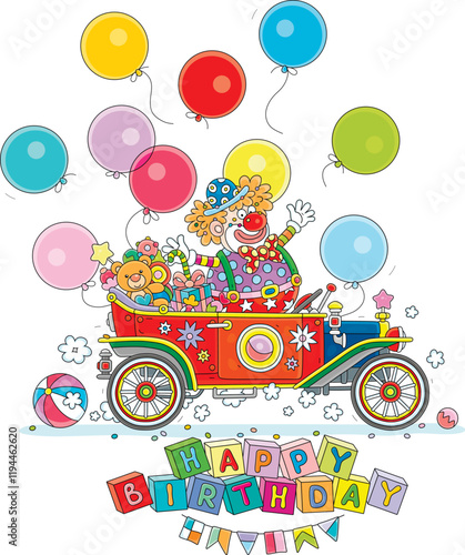 Happy birthday card with a funny circus clown in a colorful retro car full of holiday gifts and sweets for little kids, surrounded by holiday balloons, vector cartoon illustration on white