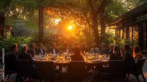 Elegant outdoor dining setting with sun setting over a group of professionals enjoying a business dinner in a lush garden environment