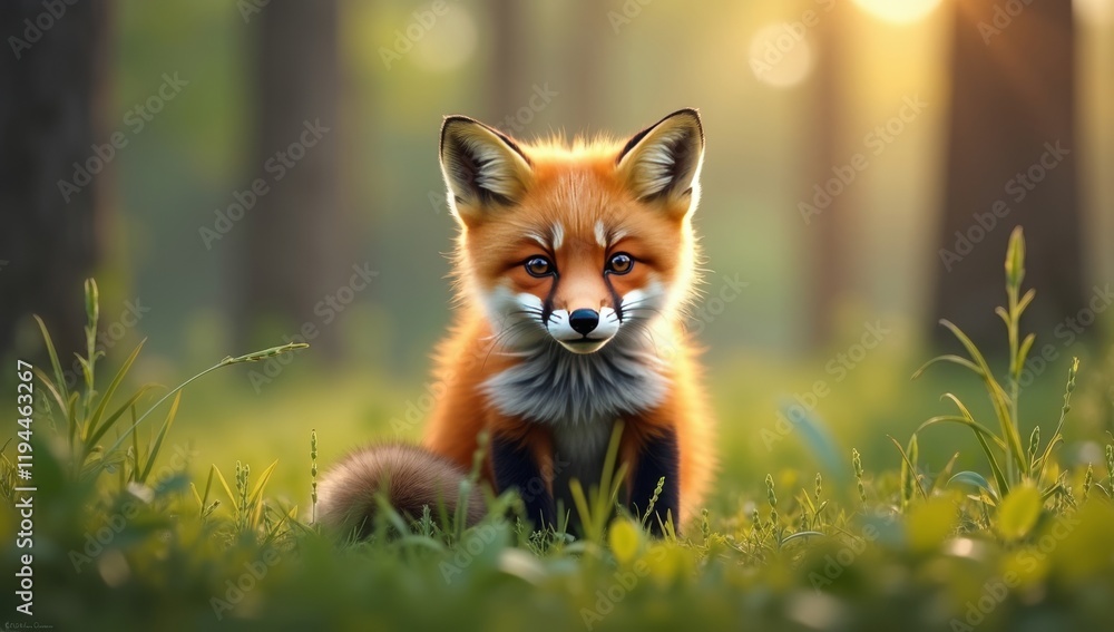 Fototapeta premium Red Fox Kit Sitting In Grassy Meadow