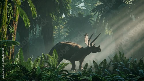 Triceratops roams through a lush prehistoric forest under dappled sunlight