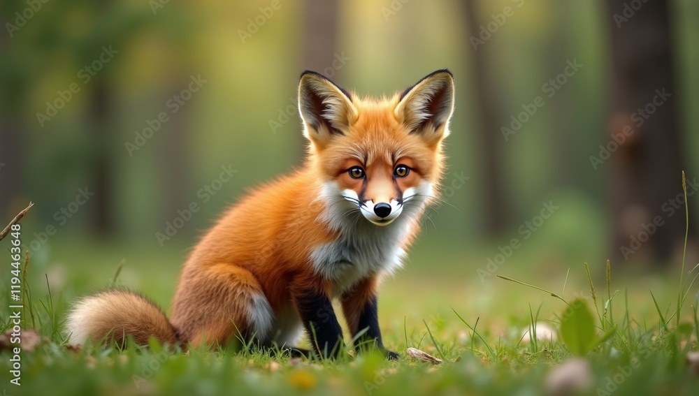 Red Fox Kit Sitting in Forest Grass Red Fox Kit Sitting in Forest Grass