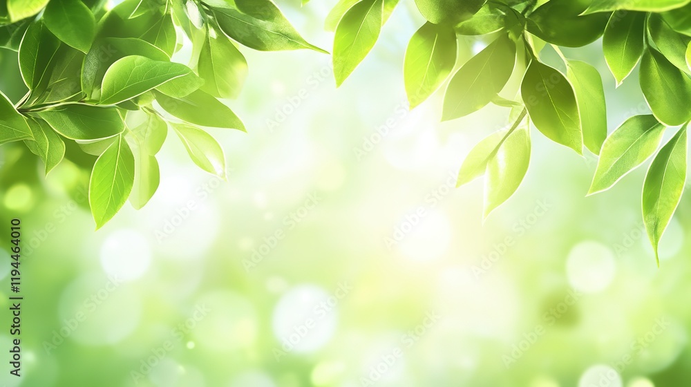 Fresh Green Buds and Leaves on Blurred Background - Young Foliage in Sunlight at Summer Garden. Fresh Green Buds and Leaves on Blurred Background - Young Foliage in Sunlight at Summer Garden.