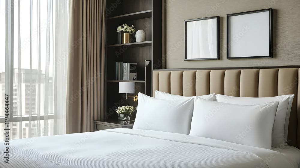 Obraz premium Spacious bedroom with soft lighting and elegant furnishings.