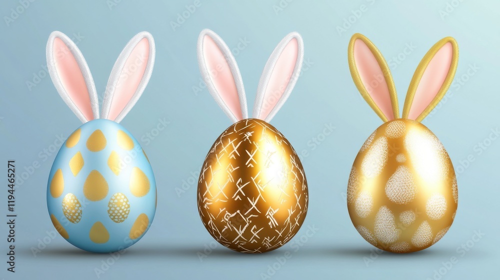 Easter eggs. Golden egg hunting, bunny ears. Isolated realistic spring festive vector elements Easter eggs. Golden egg hunting, bunny ears. Isolated realistic spring festive vector elements