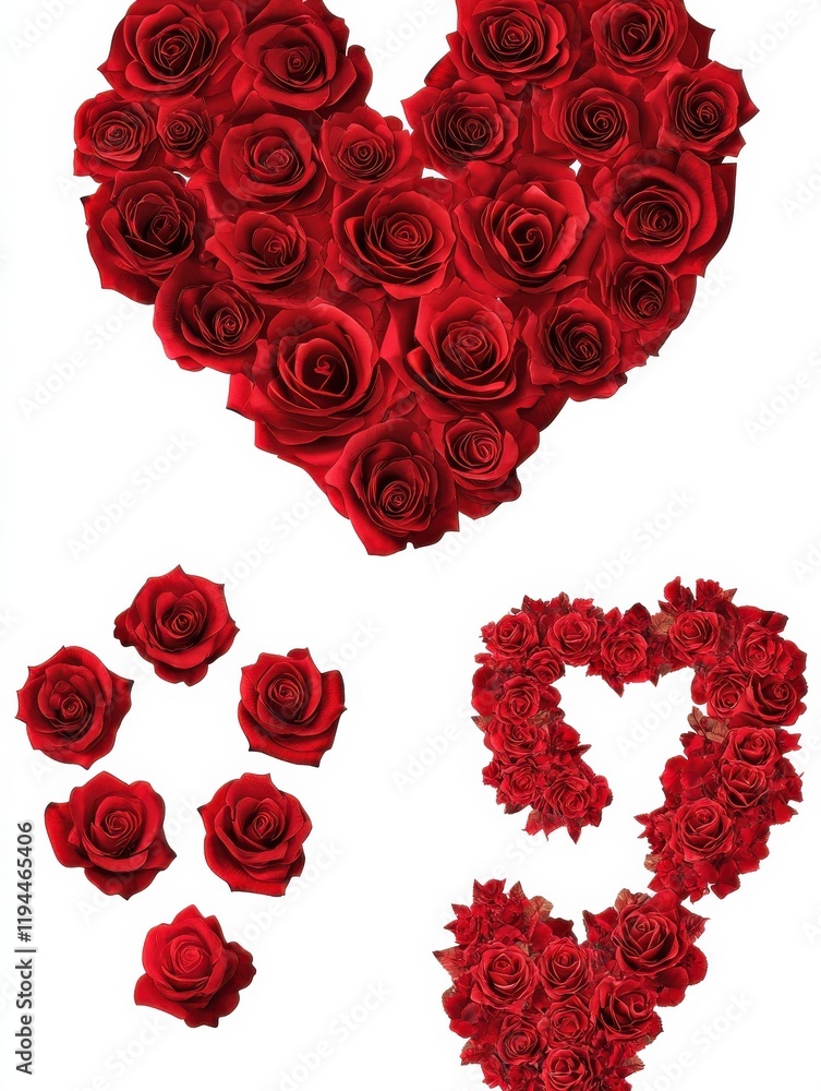 Set of Valentines Day Heart shape made of red roses decorations elements, isolated on white and transparent background, ai generate Set of Valentines Day Heart shape made of red roses decorations elements, isolated on white and transparent background, ai generate