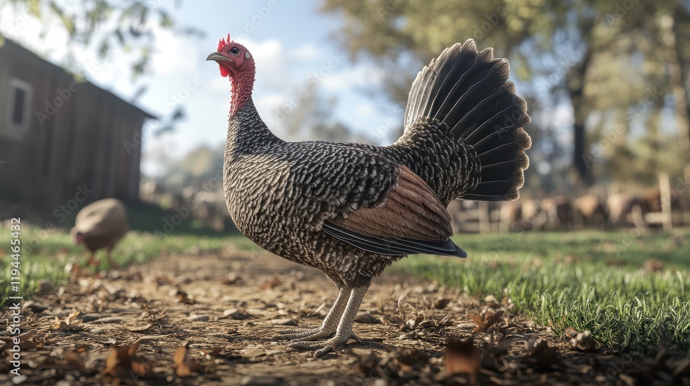 Majestic rooster in sunlit farmyard surrounded by lush greenery Majestic rooster in sunlit farmyard surrounded by lush greenery
