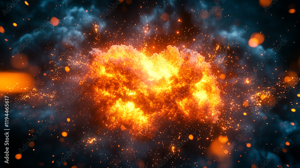 Obraz premium Fiery explosion erupts in dark clouds, illuminating the sky with vibrant colors