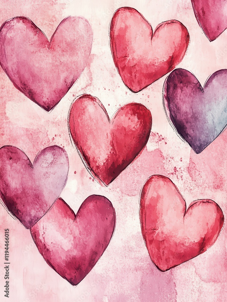 Obraz premium Valentines day watercolor abstract hearts background banner, delightful boho illustration, artistic doodle. Panoramic web header with copy space. Wide screen wallpaper