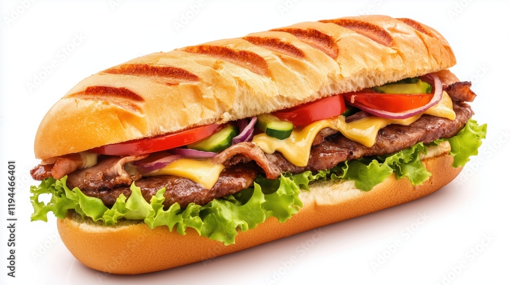 A juicy grilled meat sandwich loaded with fresh vegetables and oozing melted cheese sits invitingly. A juicy grilled meat sandwich loaded with fresh vegetables and oozing melted cheese sits invitingly.
