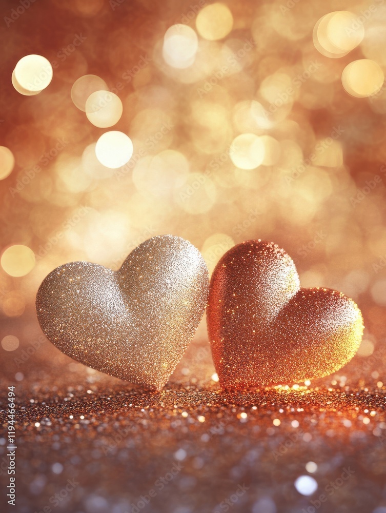 Fototapeta premium Two glitter heart shape with bokeh background valentine day concept