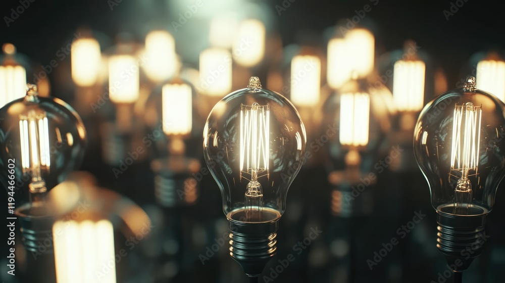 A glowing energy-efficient light bulb stands out among numerous dim, A glowing energy-efficient light bulb stands out among numerous dim,