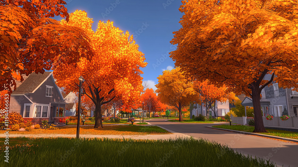 Suburban autumn landscape with orange and yellow trees and grass on yards. Fall seasonal cartoon vector suburb scenery of cityscape with countryside house on street with empty road and driveway. Suburban autumn landscape with orange and yellow trees and grass on yards. Fall seasonal cartoon vector suburb scenery of cityscape with countryside house on street with empty road and driveway.
