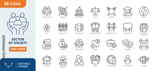 Sector of society line editable icon set. Containing agriculture, education, healthcare, energy, technology, transportation, arts, justice and more. 