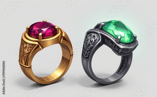 Ornate Gold and Silver Rings with Gemstones Ruby and Emerald Jewelry