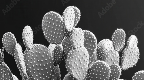 Black and white prickly pear cactus close-up against dark background photo