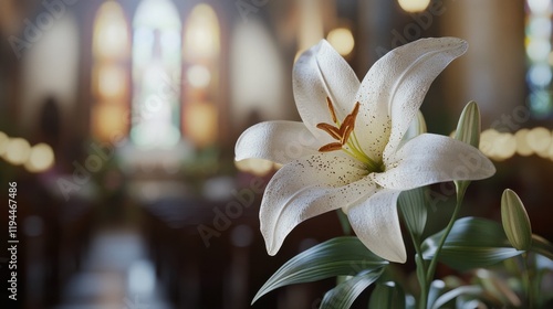 Lilium longiflorum (Easter lily) on bokeh church background photo