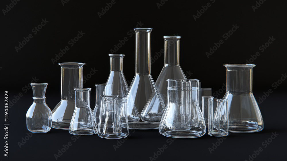 Realistic laboratory glassware set isolated on transparent background. Vector illustration of lab retort, volumetric, conical flasks, graduated containers for scientific experiment, chemical substance Realistic laboratory glassware set isolated on transparent background. Vector illustration of lab retort, volumetric, conical flasks, graduated containers for scientific experiment, chemical substance