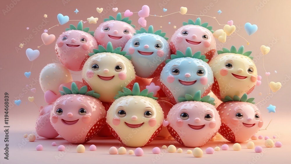 Charming collection of cute strawberry characters with big smiles and playful expressions in pastel colors Charming collection of cute strawberry characters with big smiles and playful expressions in pastel colors