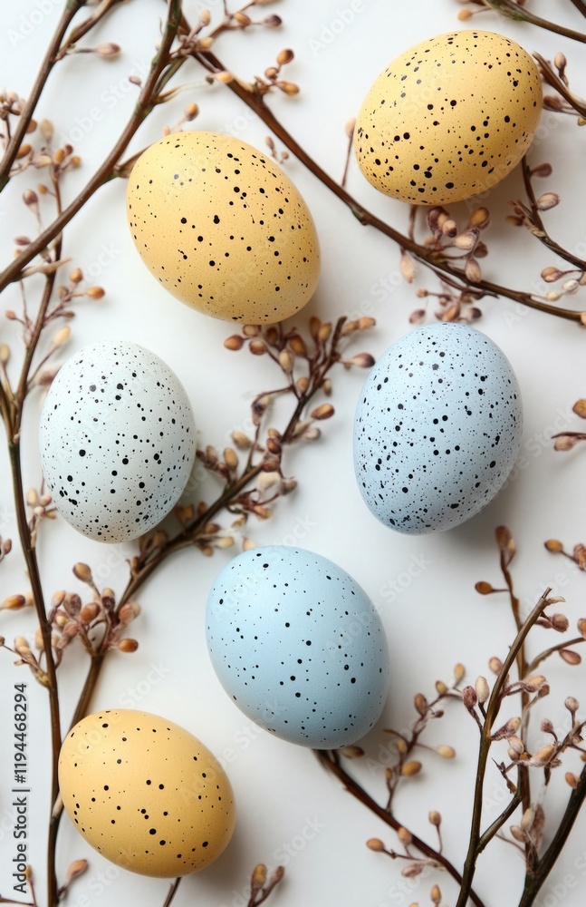 Fototapeta premium Colorful Easter eggs and willow branches on a clean white background