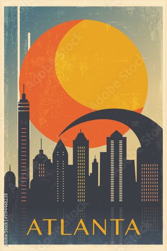 Atlanta retro city poster with abstract shapes of skyline, buildings. USA, Georgia state vintage travel vector illustration, cityscape at sunrise, sunset