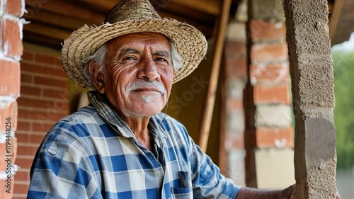 An elderly man works on a real estate project that combines intelligent architecture with sustainable energy solutions for rural homes. photo