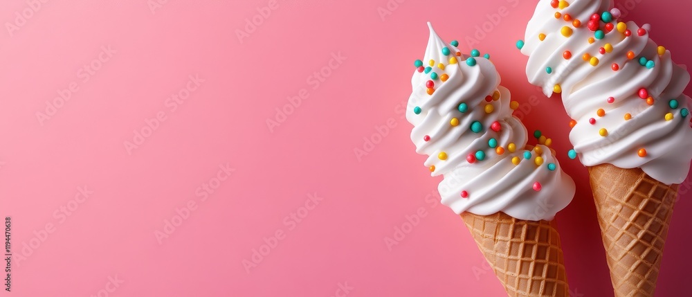 Fototapeta premium Two Soft Serve Ice Cream Cones with Sprinkles on Pink Background
