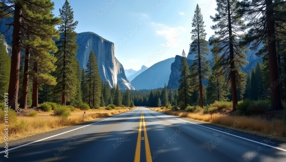 Naklejka premium Scenic Highway Through Majestic Yosemite Valley Mountains