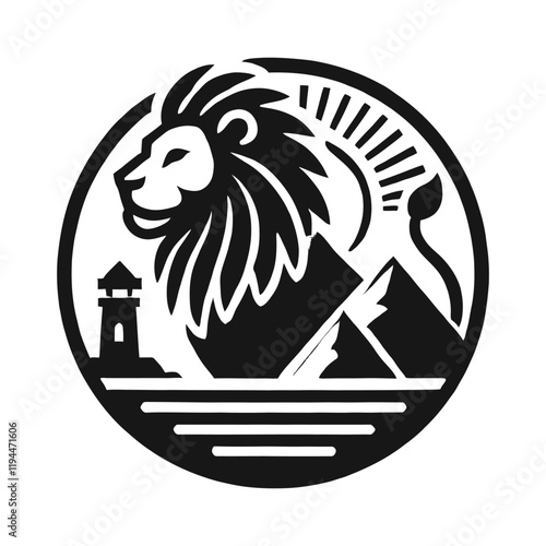 Majestic Lion Emblem with Lighthouse and Mountains