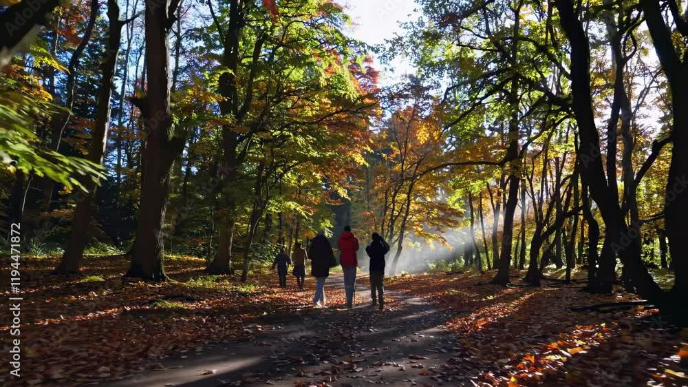 Enjoying a peaceful autumn walk through a vibrant forest filled with colorful foliage and warm sunlight Enjoying a peaceful autumn walk through a vibrant forest filled with colorful foliage and warm sunlight