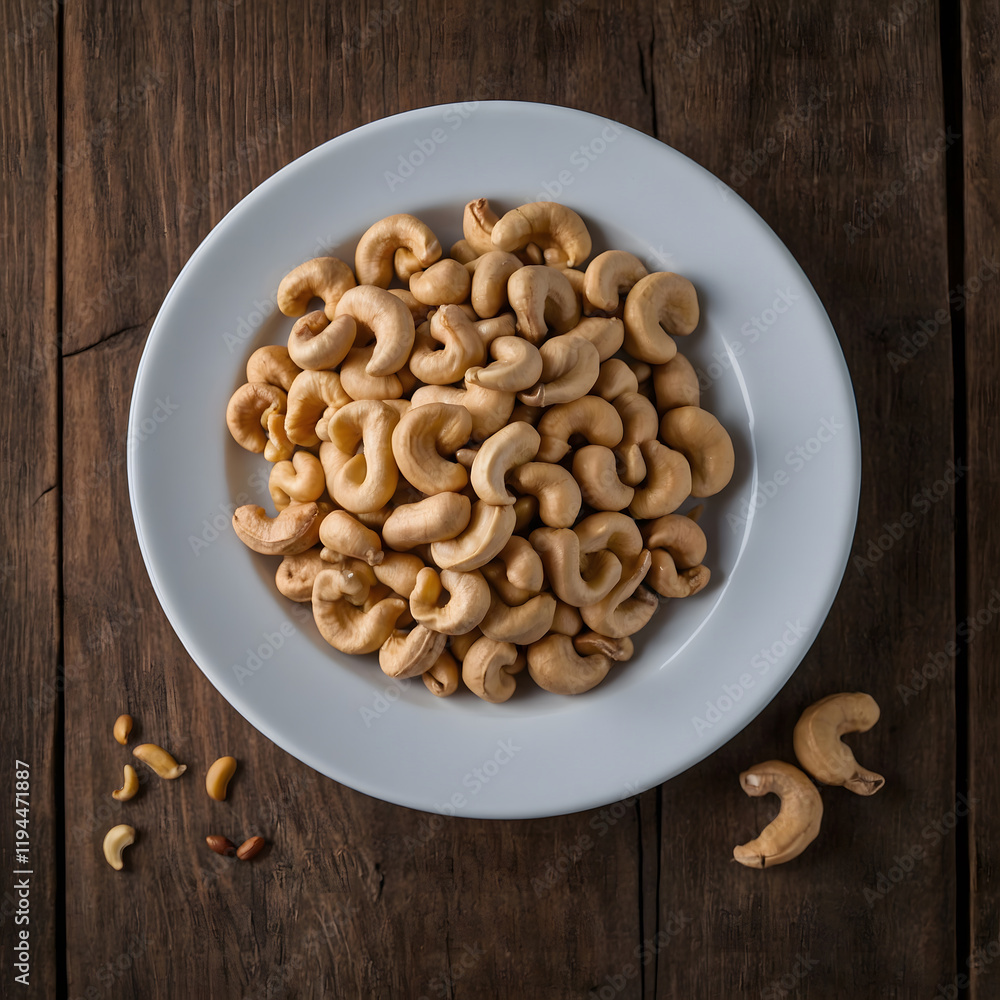 Cashew nuts piled on a white plate on a rustic wooden surface after being harvested and processed for consumption Cashew nuts piled on a white plate on a rustic wooden surface after being harvested and processed for consumption