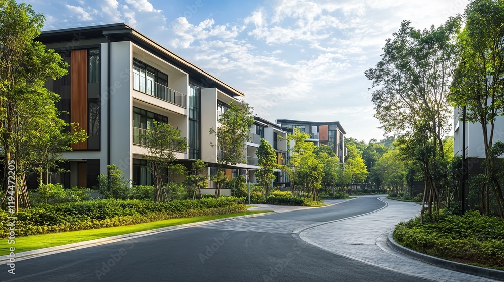 A peaceful street with houses in the countryside and a city view, featuring residential buildings, trees, grass, and blue skies A peaceful street with houses in the countryside and a city view, featuring residential buildings, trees, grass, and blue skies