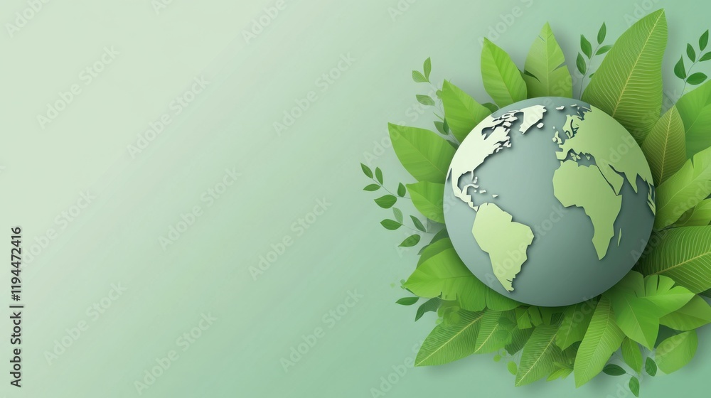 Digital Illustration of Earth Surrounded by Green Leaves and Plants, Representing Sustainability, Nature, and Ecological Awareness in a Modern Design Digital Illustration of Earth Surrounded by Green Leaves and Plants, Representing Sustainability, Nature, and Ecological Awareness in a Modern Design