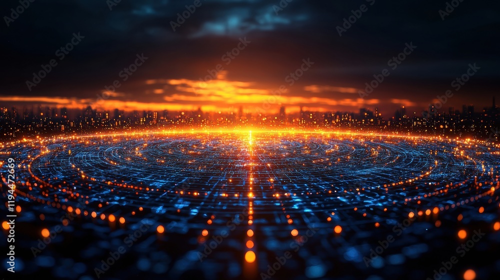 Futuristic Digital Landscape with Glowing Particles and Sunset Sky Futuristic Digital Landscape with Glowing Particles and Sunset Sky