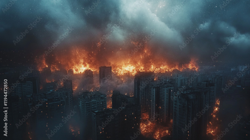 City engulfed in flames at twilight, showcasing the chaos of a devastating fire City engulfed in flames at twilight, showcasing the chaos of a devastating fire