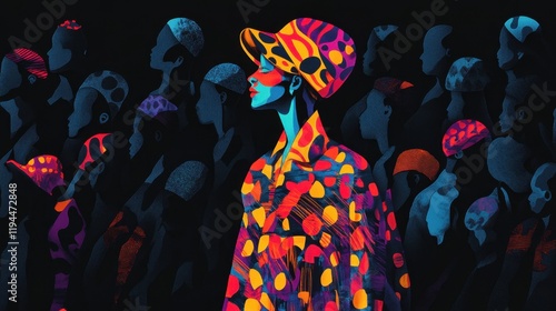 A radiant figure dressed in colorful patterns, standing tall among a crowd of people wearing dull black, symbolizing individuality.