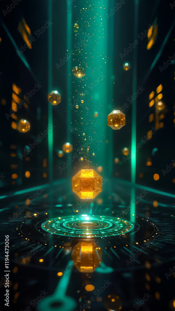 Futuristic Quantum Computing Scene with Floating Hexagonal Objects Futuristic Quantum Computing Scene with Floating Hexagonal Objects