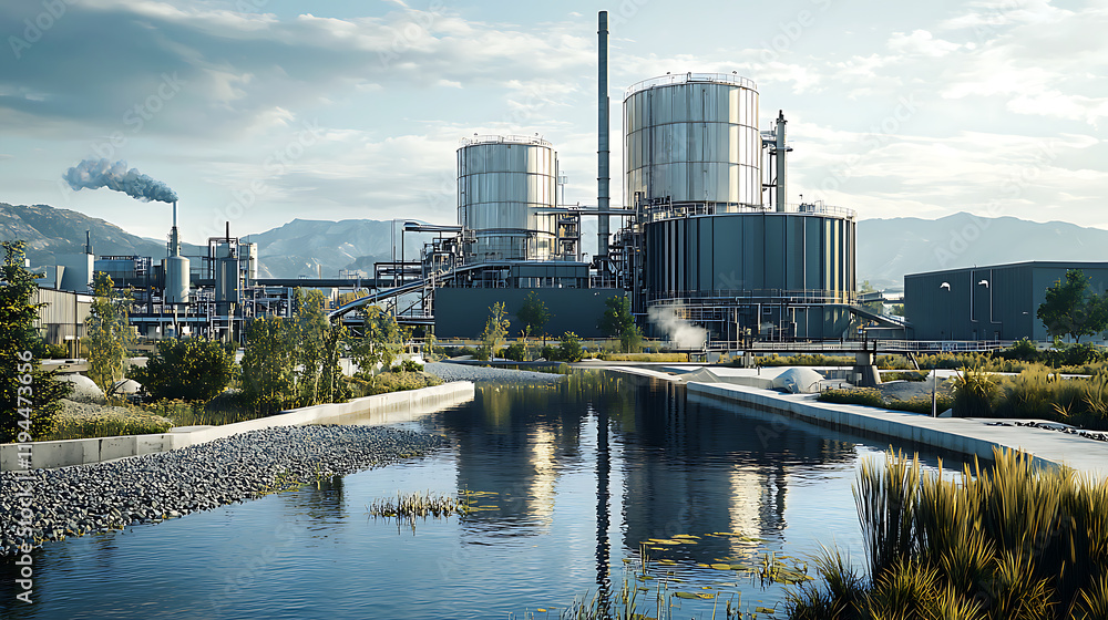 waste to energy plant with modern architecture, surrounded by nature and water. facility features large industrial structures waste to energy plant with modern architecture, surrounded by nature and water. facility features large industrial structures