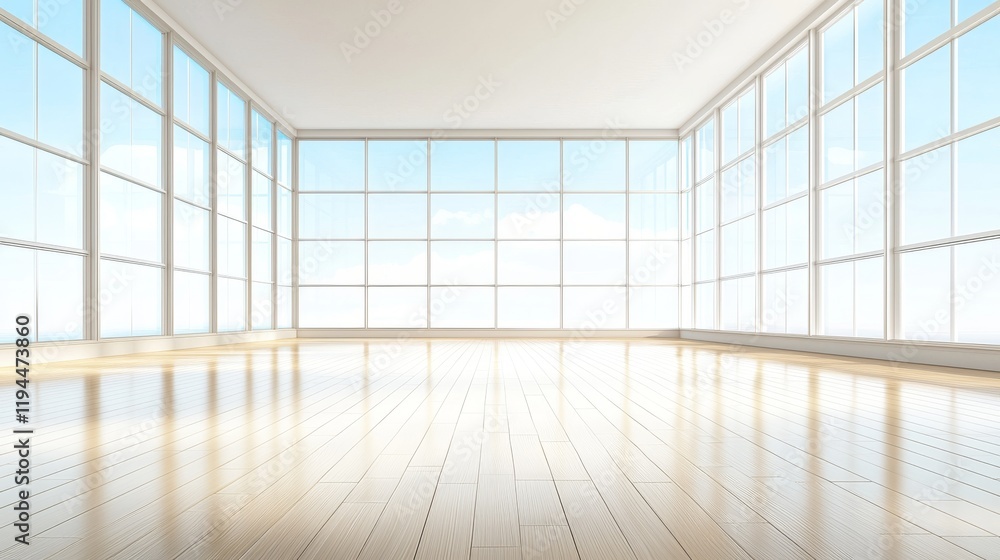 Spacious Sunlit Empty Room with Large Windows and Hardwood Floor