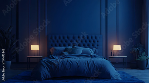 Dark blue bedroom with warm lighting and a tufted headboard.