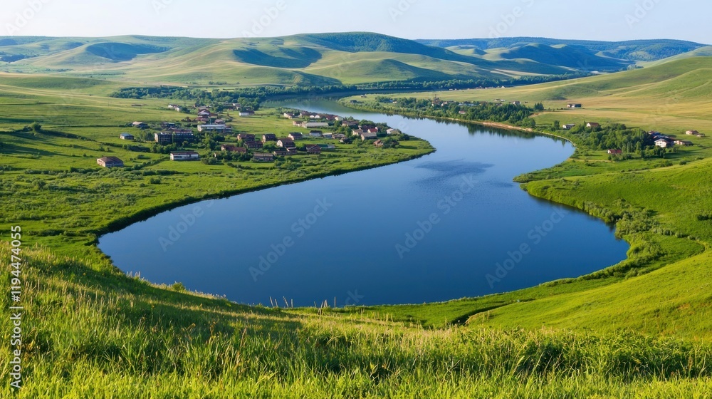 Obraz premium Serene River Village Landscape